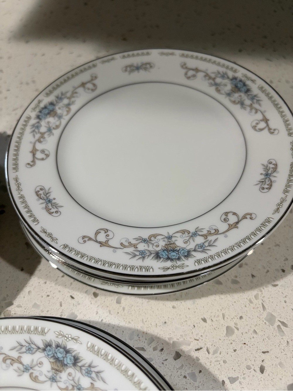 “Diane” Classic White Porcelain Salad Plates with Silver Rim and Blue Floral - Picture 4 of 5
